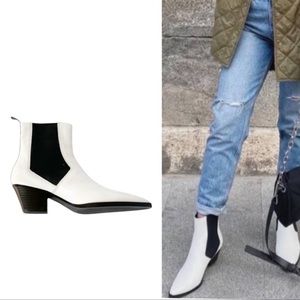 ZARA Western Inspired White Leather Cowboy Booties Size 8-8.5